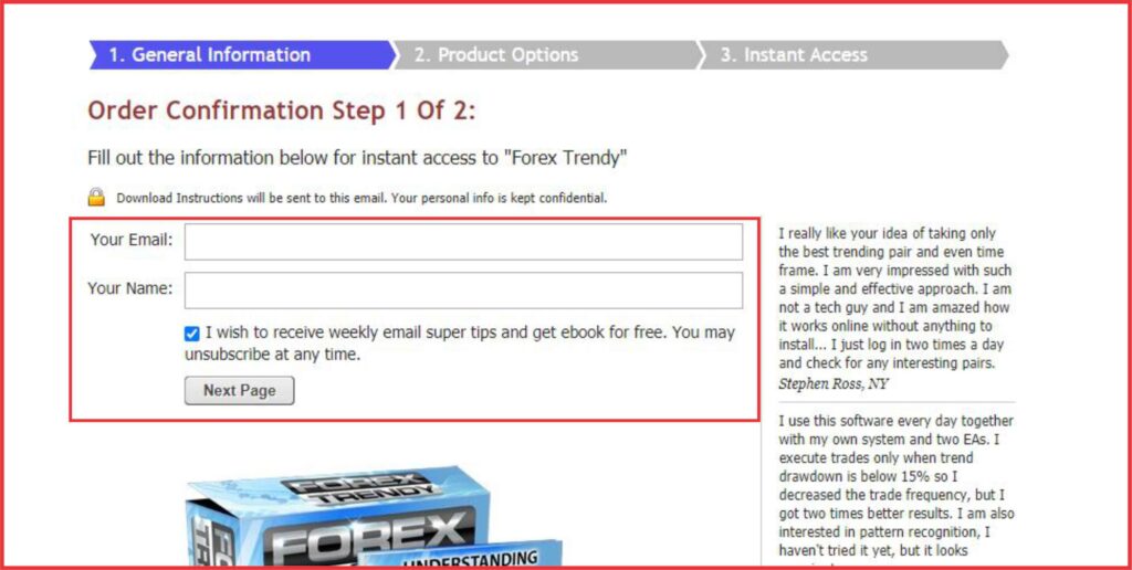 Setcion to provide details like email and password on Forex Trendy process